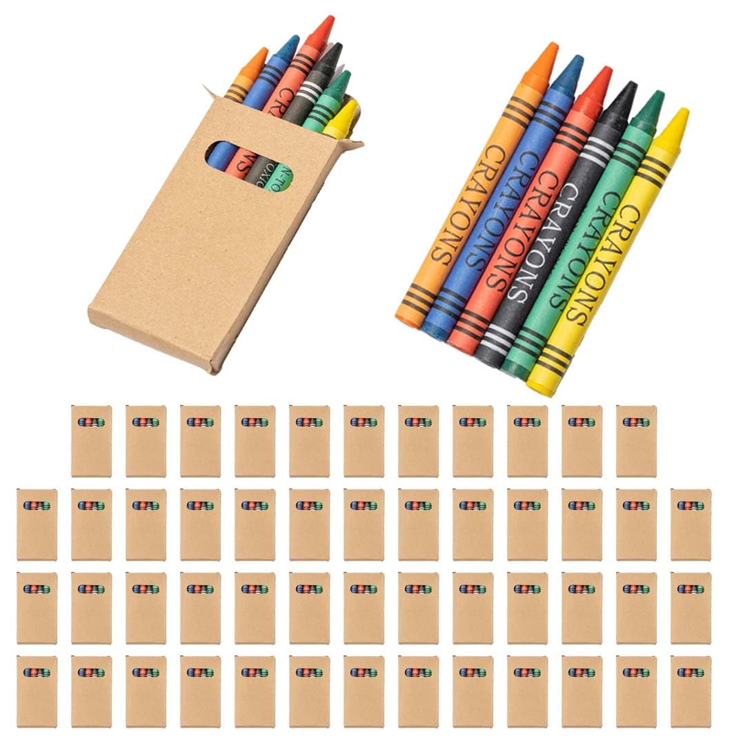 WPRO Wachsmalstifte Kinder Mini – 100 Sets mit je 6 Farben, ideal als Mitgebsel zum Kindergeburtstag, Gastgeschenk für Praxis, Restaurant oder Schule | Farbstifte Jungen Mädchen | Kartonbox braun
