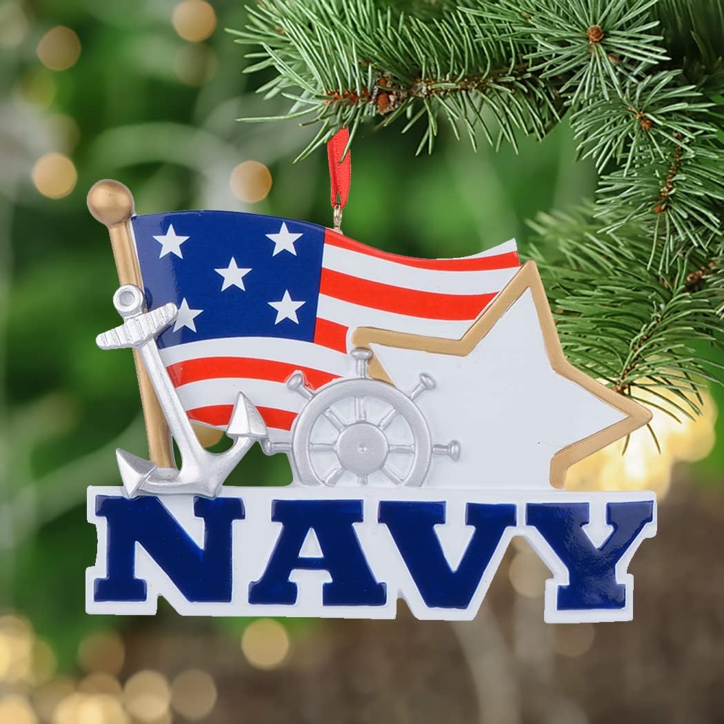 MAXORA Personalized Navy Christmas Ornament 2025 - Polyresin Military Christmas Ornaments - Navy Ornament with American Flag and Star - Unique Patriotic Ornaments - Image 2
