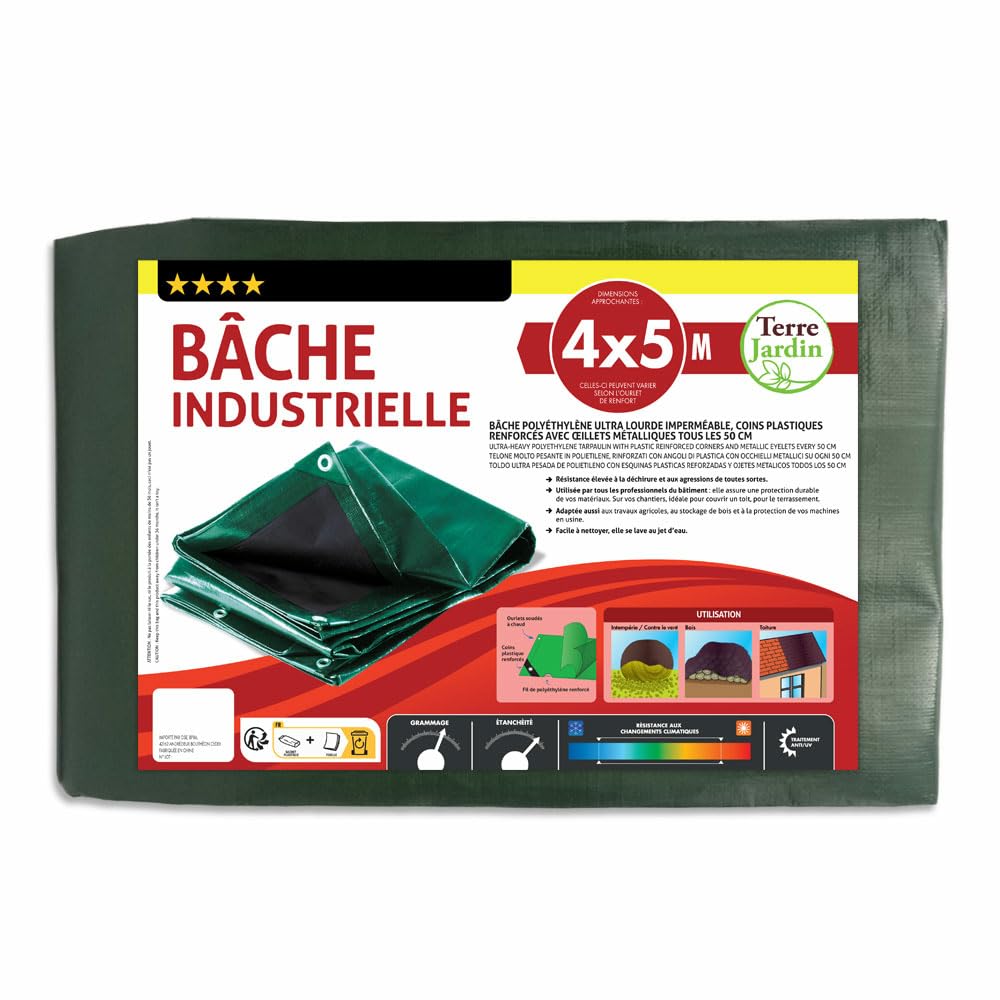 TERRE JARDIN Bâche de Protection Polyéthylène 240 g/m², Extérieur Bâche Imperméable, Ultra Lourde et Résistante, Anti UV - Bâche Bois de Chauffage, Chantier - 4 x 5 - Vert