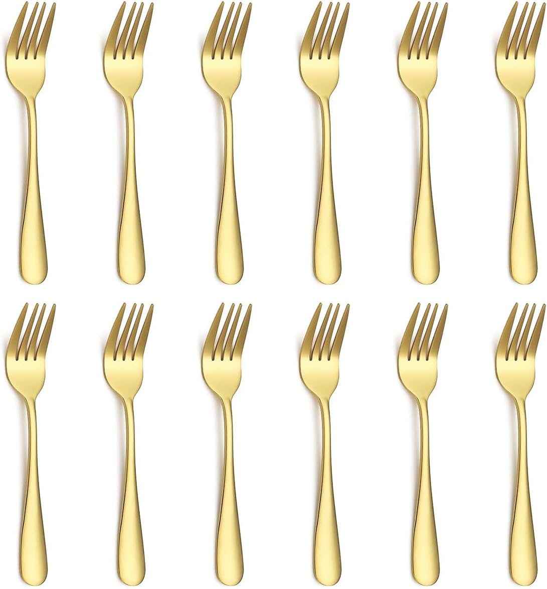 Evanda Dessert Forks 12 Pieces, Gold Titanium Plating Stainless Steel Pastry Set, Mini Cake and Appetizer Forks for Home, Wedding, Party, Cafe, Restaurant, Dishwasher Safe