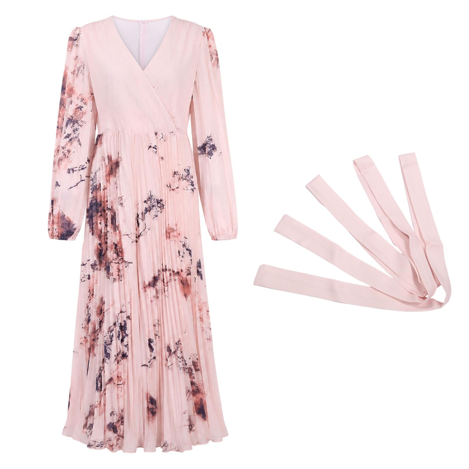 Vestido Plisado de Manga Larga con Cuello y Estampado Floral, Estilo Casual de Verano con un Elegante diseño Fluido.