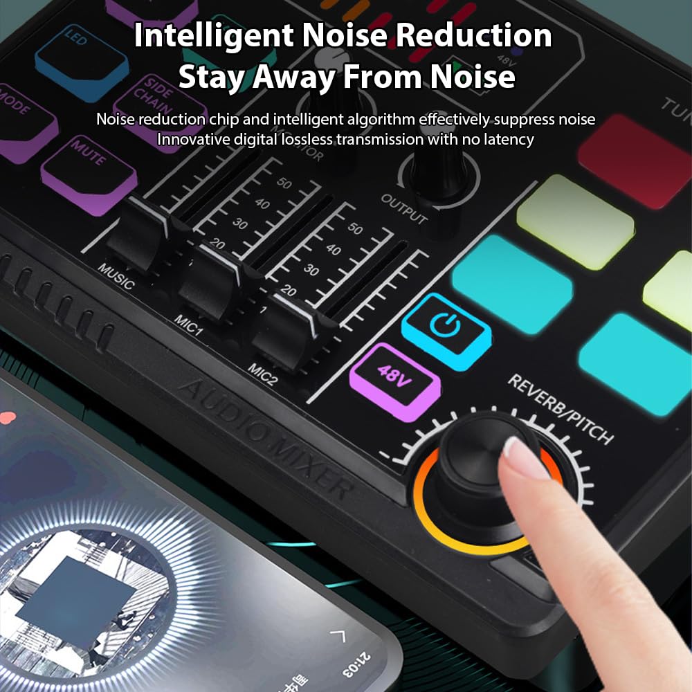 ROYHH Gaming Audio Mixer 48V Phantom Power Audio Interface RGB Light BT Plug and Play Desktop Singing Sound Card Mixer for Live Streaming Podcasting Content Create Gaming Rechargeable