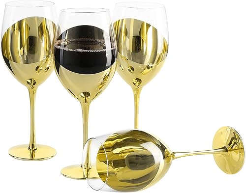 Miniatura 7 de MyGift Copas de vino modernas de latón con tallo largo para vino blanco o tinto con elegante diseño en ángulo, juego de 4