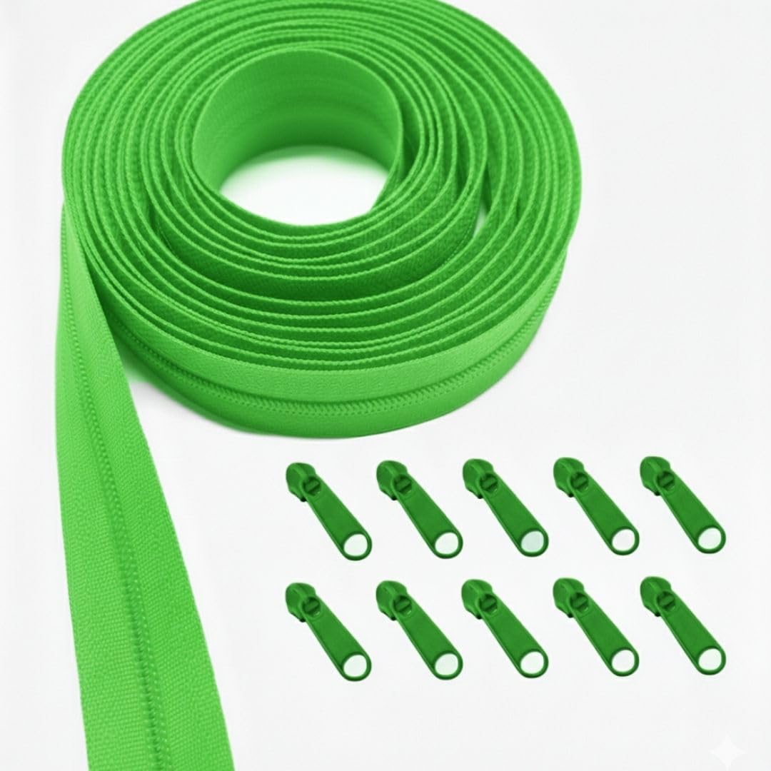 KGS Zipper by The Yard | 3 Yards Continuous Nylon Coil Zipper Roll with 10 Matching Pulls | #3 Bulk Zip Tape for Sewing Bags, Purses, Backpacks, Jackets, DIY Craft and Repair (Parrot Green) — image 1