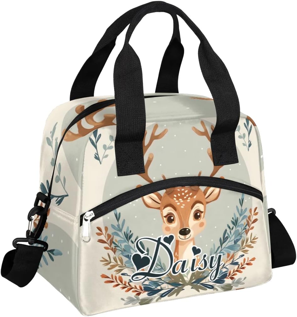 Personalized Cute Deer Women Lunch-Bag, Custom Insulated-Cooler Lunch Box with Name, Leakproof-Reusable Lunch Tote Bag for Work Office Picnic,Beige