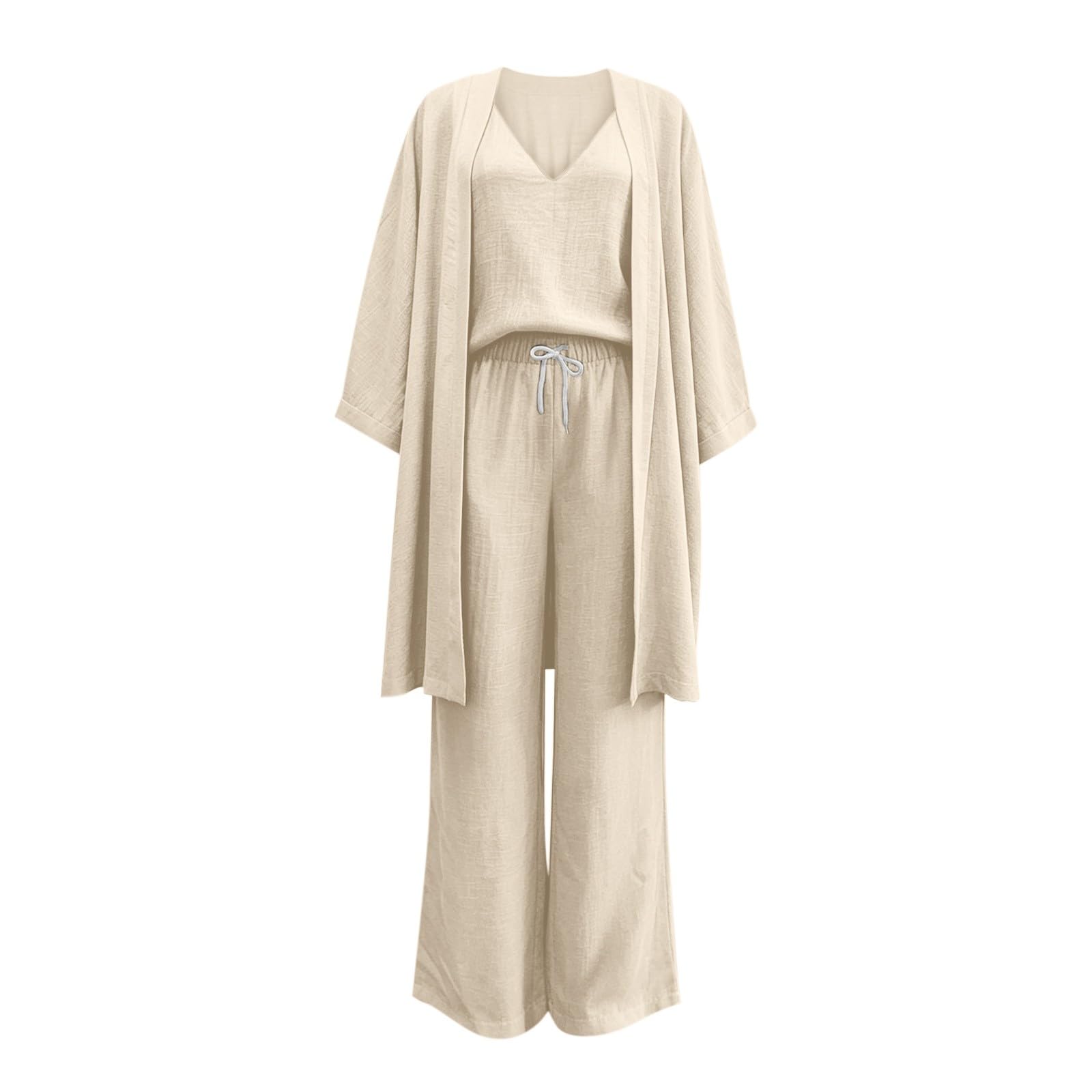 3 Pezzi Set Donna Lino Tuta Sportive Leggero Veste + Cardigan + Pantaloni