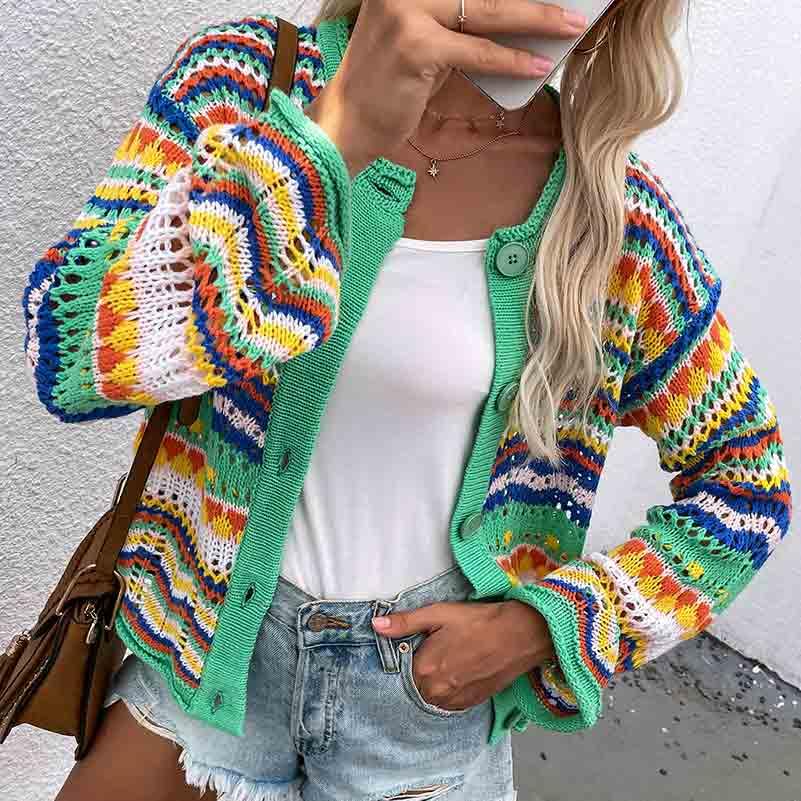 Autumn and Winter Rainbow Striped Sweater Loose Knit Sweater Women's Sweater Cardigan3