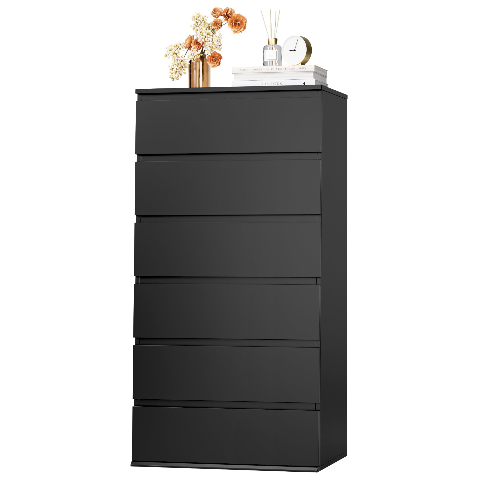 FOTOSOK Black Dresser, 6 Drawer Dresser, Modern Tall Black Storage Chest of Drawers Wood Dressers with Metal Sliding Rail, Handleless Drawer Cabinet for Home & Office