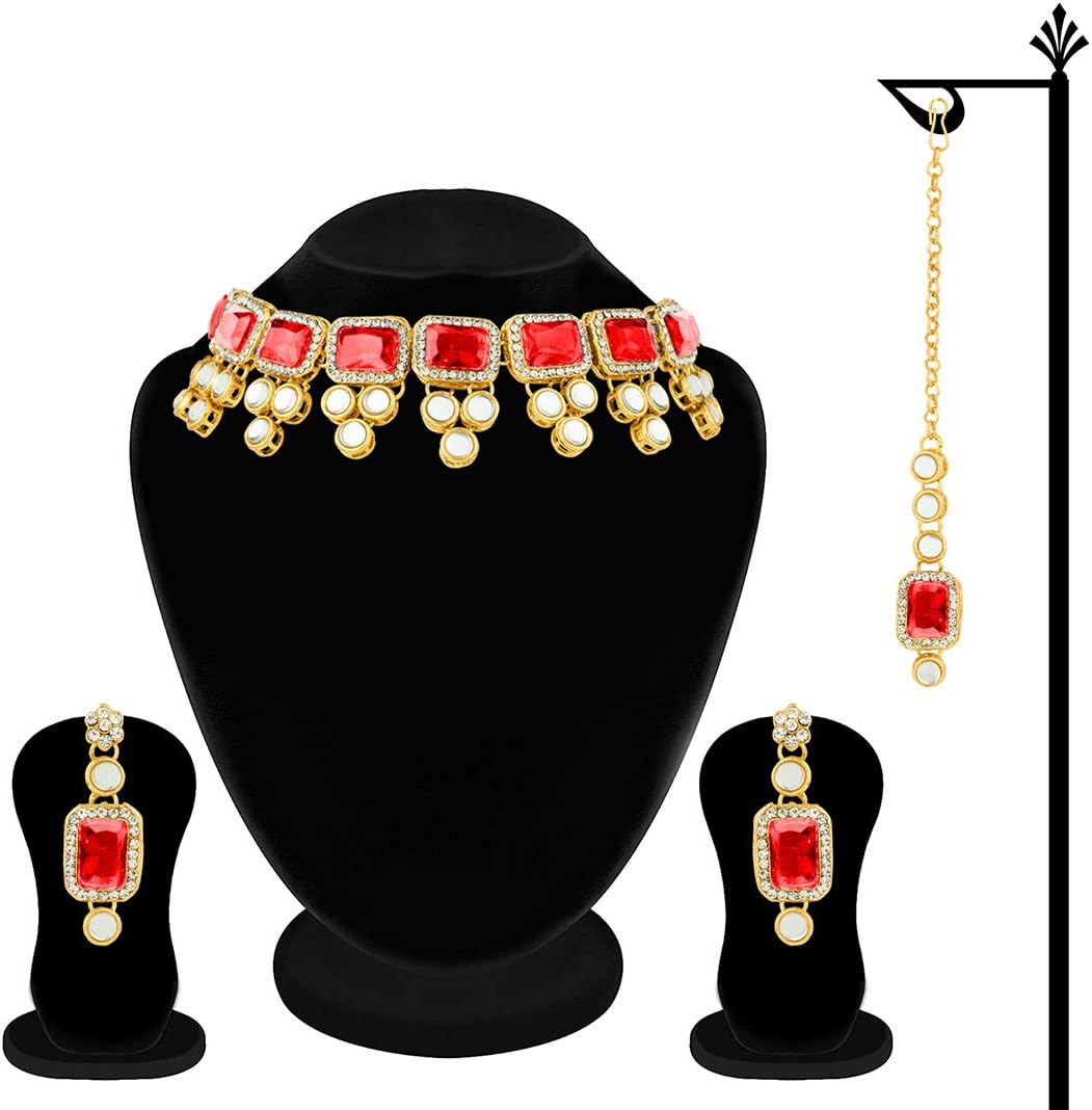 Aheli Ethnic Faux Kundan Necklace Earrings Maang Tikka Indian Bollywood Jewellery Set Gift for Women - Image 6