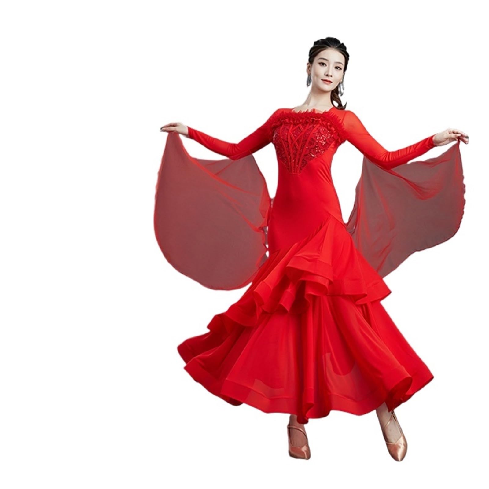 Lckkjhg Women's Red Ballroom Dance Dress For Ballroom Dress Standard Modern Dance Waltz Competition Costume Long Dresses Wear(,2Xl)