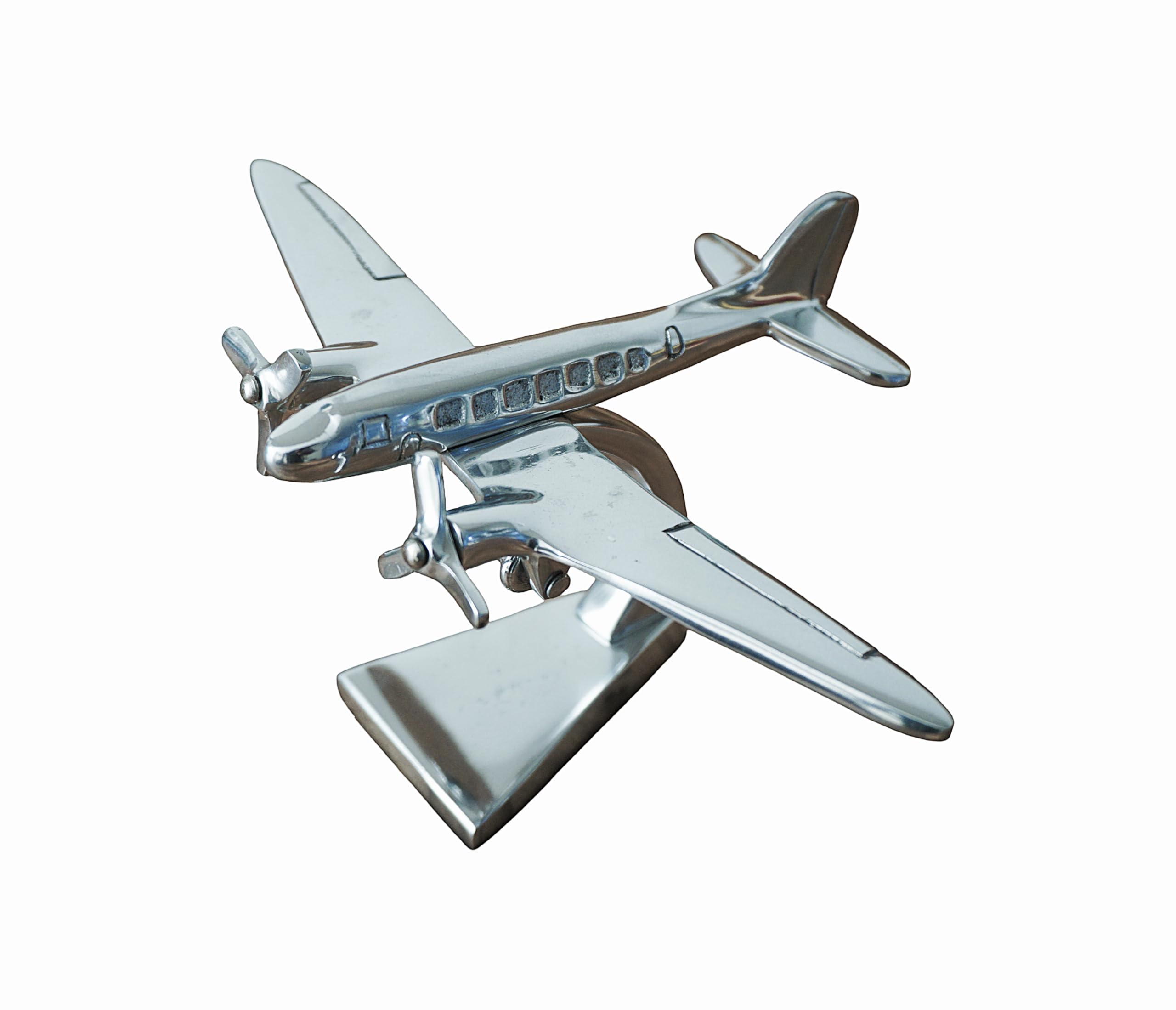 Vintage Style Airplane Desk Ornament – Aluminium DC3 Dakota Sculpture, 23cm – Polished Chrome Aircraft Model with Stand – Retro Aviation Decor for Home, Office, or Gift