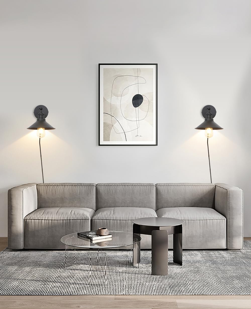 Phansthy Plug in Wall sconces with Dimmable Switch Set of Two, Matte Black Farmhouse Wall Sconce 2 Pack, Wall Light Fixture with Switch and 7.9" Metal Shade for Living Room Bathroom Vanity Bedroom