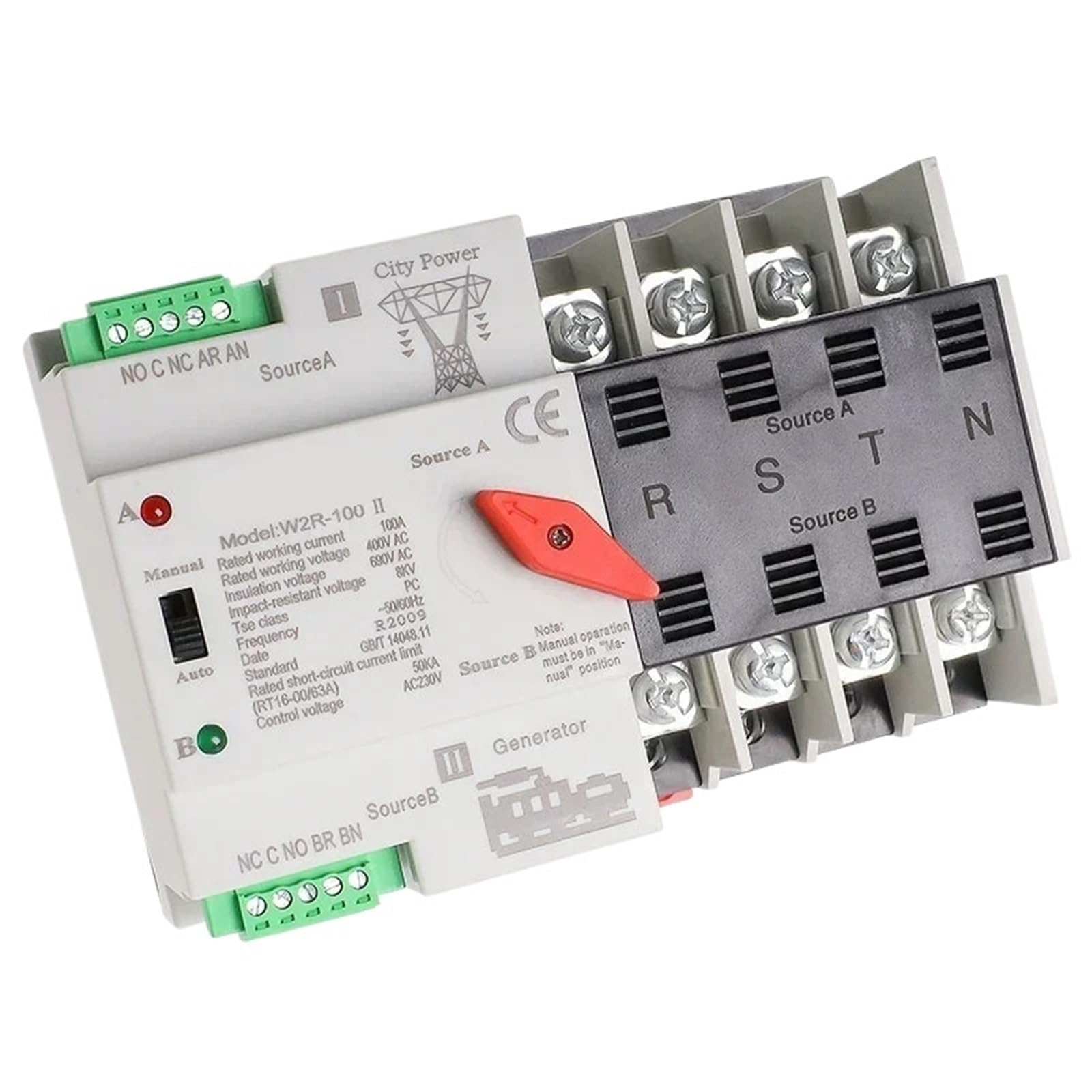 1 pz W2R Mini ATS 4P Interruttore di trasferimento automatico Controller Tipo elettrico ATS Max 100A 4 POLI Interruttore elettrico su guida DIN(W2R-4P-110V,4P 63A)