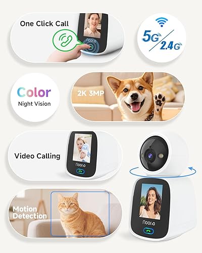 Miniatura 8 de Noorio Cámara de videollamadas de dos vías 5G, cámara para mascotas 2K con aplicación de teléfono, cámara PTZ de 360 con altavoz, visión nocturna a