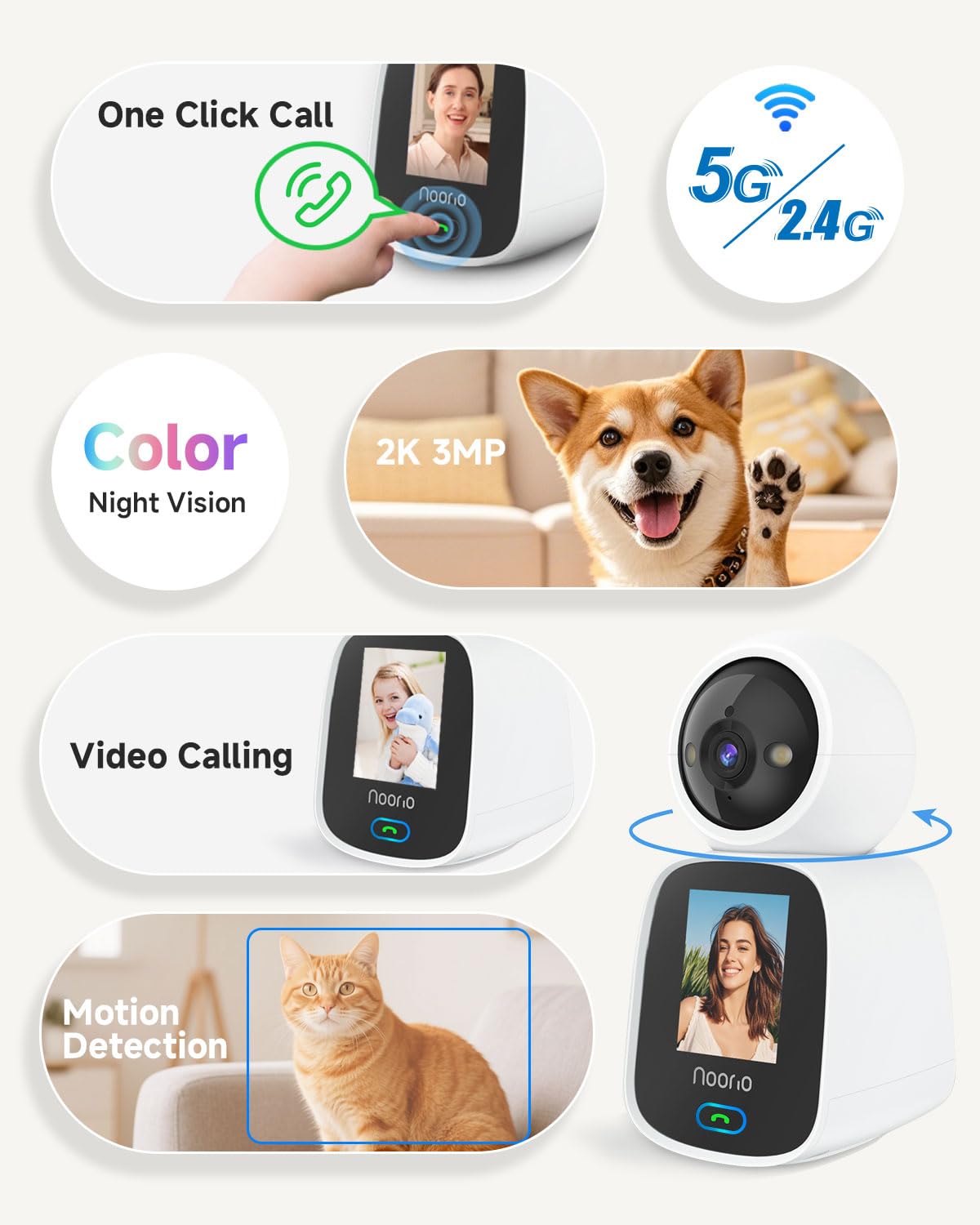 Noorio Pet Camera, 2K Indoor Baby Camera, 360°Dog Security Camera with Motion Tracking, 2.4G&5G, Free Local Storage - Image 2