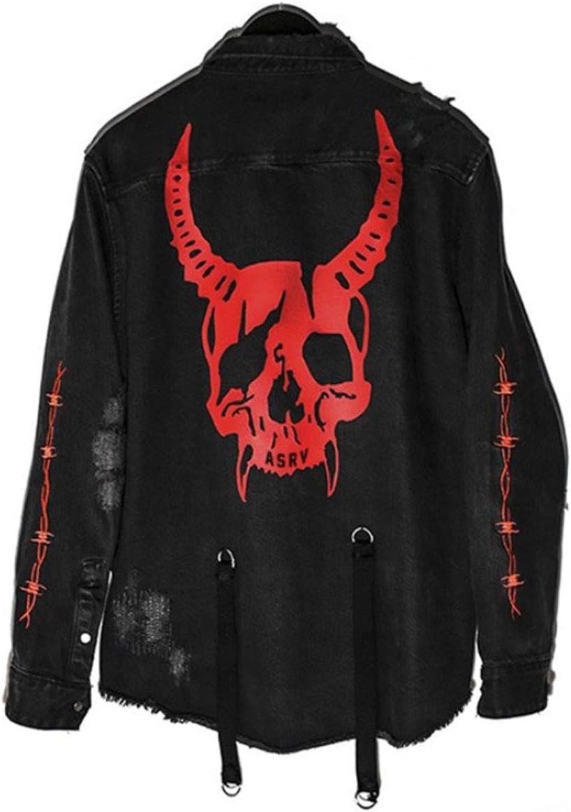 ebossyMen's Skull/Cobra Print Hipster Hip-Hop Distressed Frayed Denim Jean Jacket