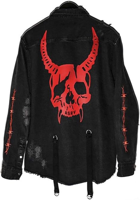 ebossy Men's Skull/Cobra Print Hipster Hip-Hop Distressed Frayed Denim Jean Jacket