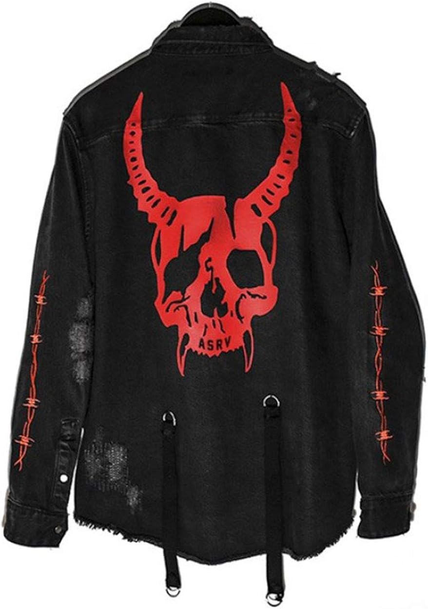 ebossy Men's Skull/Cobra Print Hipster Hip-Hop Distressed Frayed Denim Jean Jacket