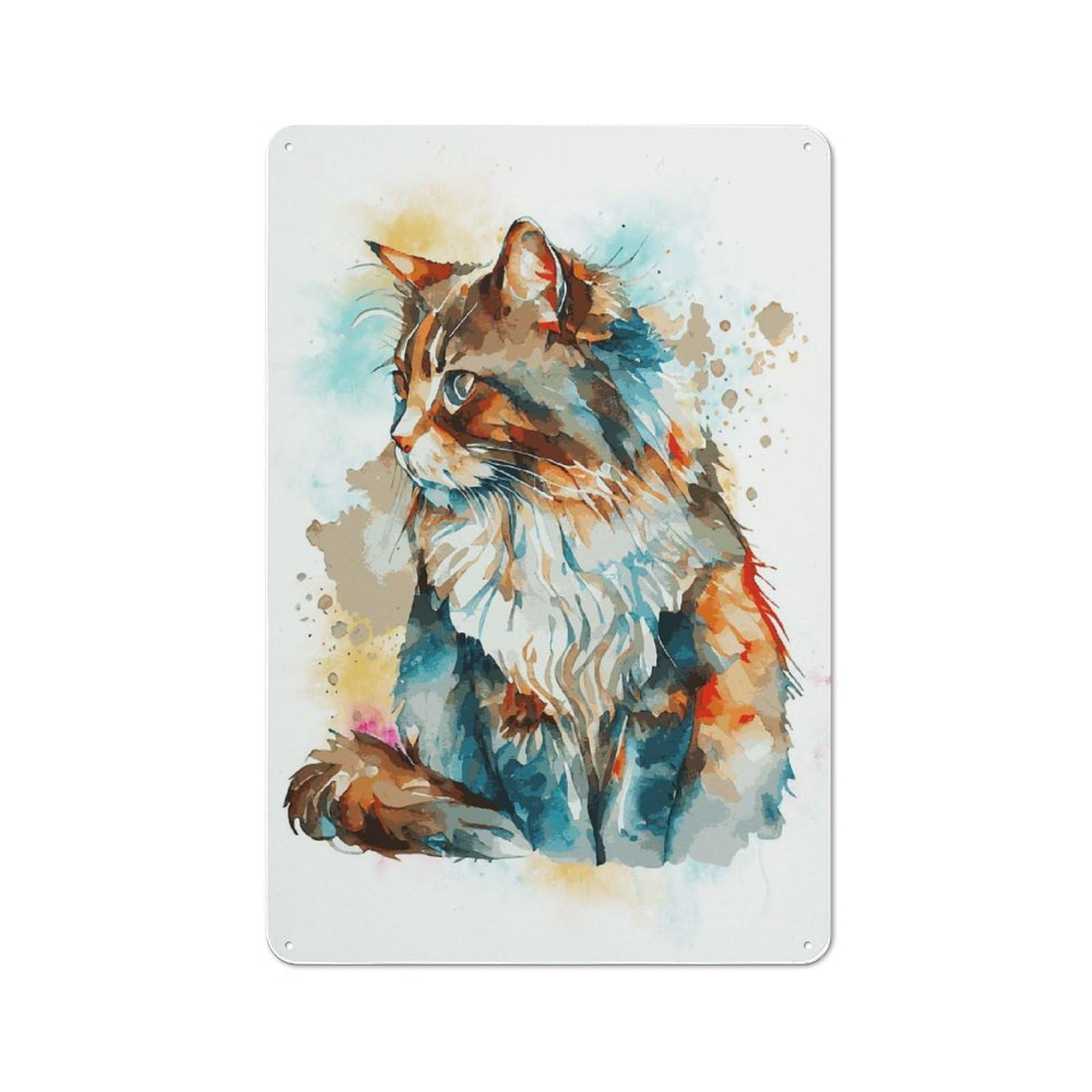 Junmoney Style-19 Metal Wall Sign 30X20cm Featuring Watercolor Long Hair Cat For Café Or Restaurant, A Decorative Metal Sign For Cafés And Restaurants