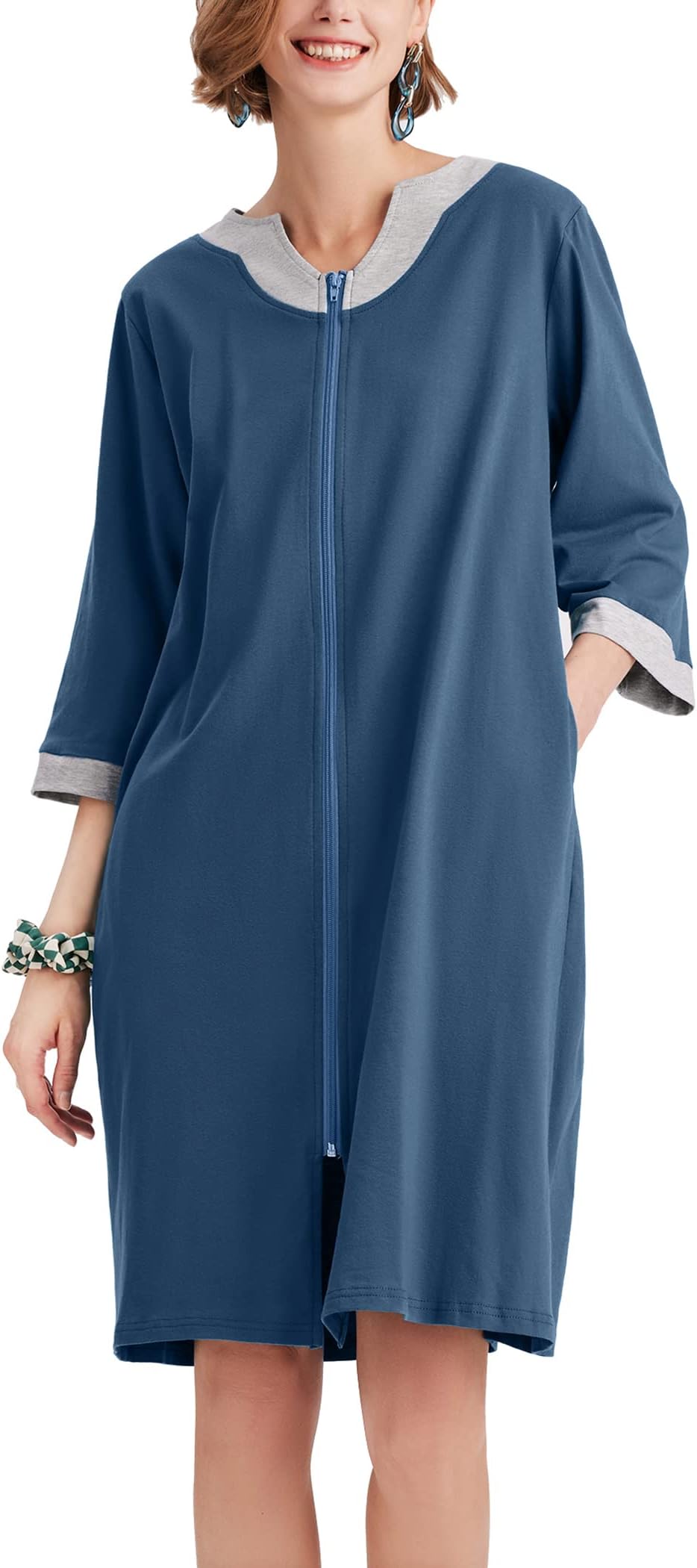 EkouaerWomen Zipper Robe 3/4 Sleeve Nightgowns Lightweight Short Bathrobe with Pockets S-3XL