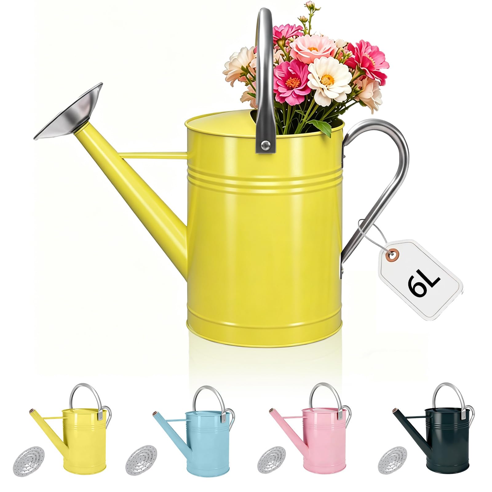 6L Yellow Galvanized Watering Can with Dual Handle, Long Neck & Removable Watering Can Rose, Rustic Vintage Style Metal Watering Can for Outdoor