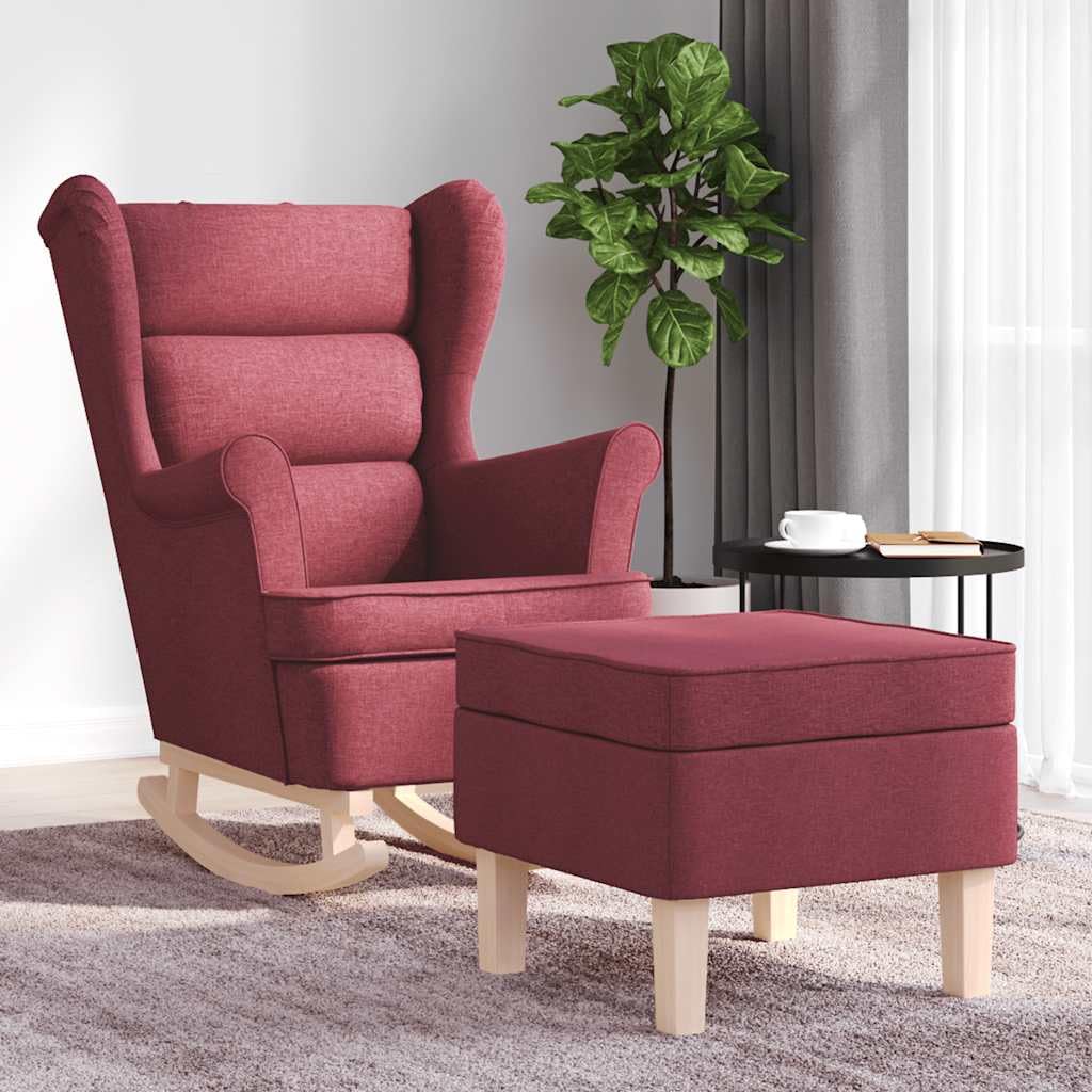 Schaukelstuhl mit Fußhocker Weinrot Stoff, komfortabler Relaxsessel gepolstert, moderner Loungesessel mit Massivholzbeinen für Wohnzimmer Schlafzimmer und Büro, 74 x 90 x 102 cm