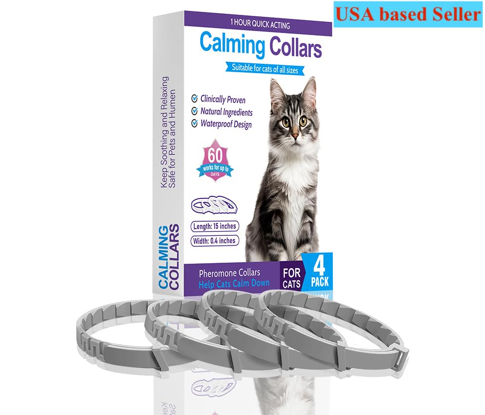 Image of Calming Collar for Cats 4 Pack, Pheromone Infused Collar, Natural Ingredients for Anxiety and Stress Relief, Relieves Stress and Adjustable for Small Medium Cats (Gray)
