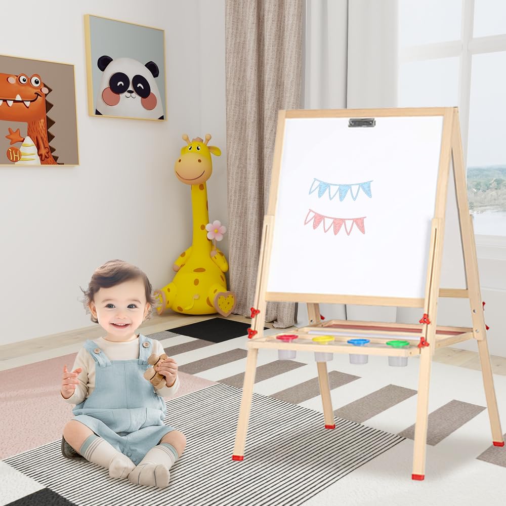 Tableau magnétique, à craie, double face, pour enfant, avec accessoires, Tableau Blanc Magnetique Enfant Sur Pied en Bois, 57x55x148 cm