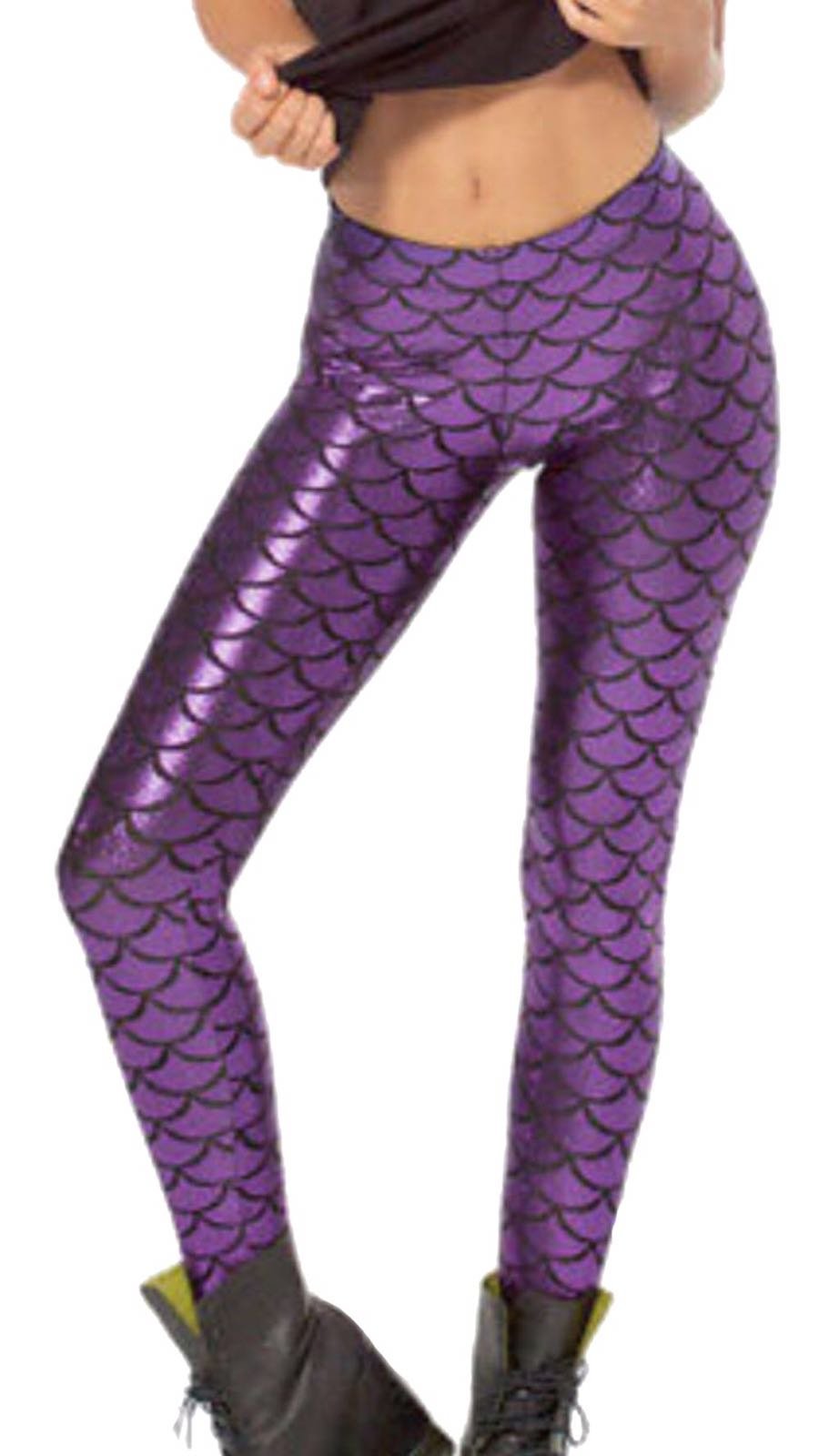 GirlzWalk Women's Ladies Mermaid Fish Scale Print Stretch Metallic Leggings Pants (Purple, XXL/UK 20-22)