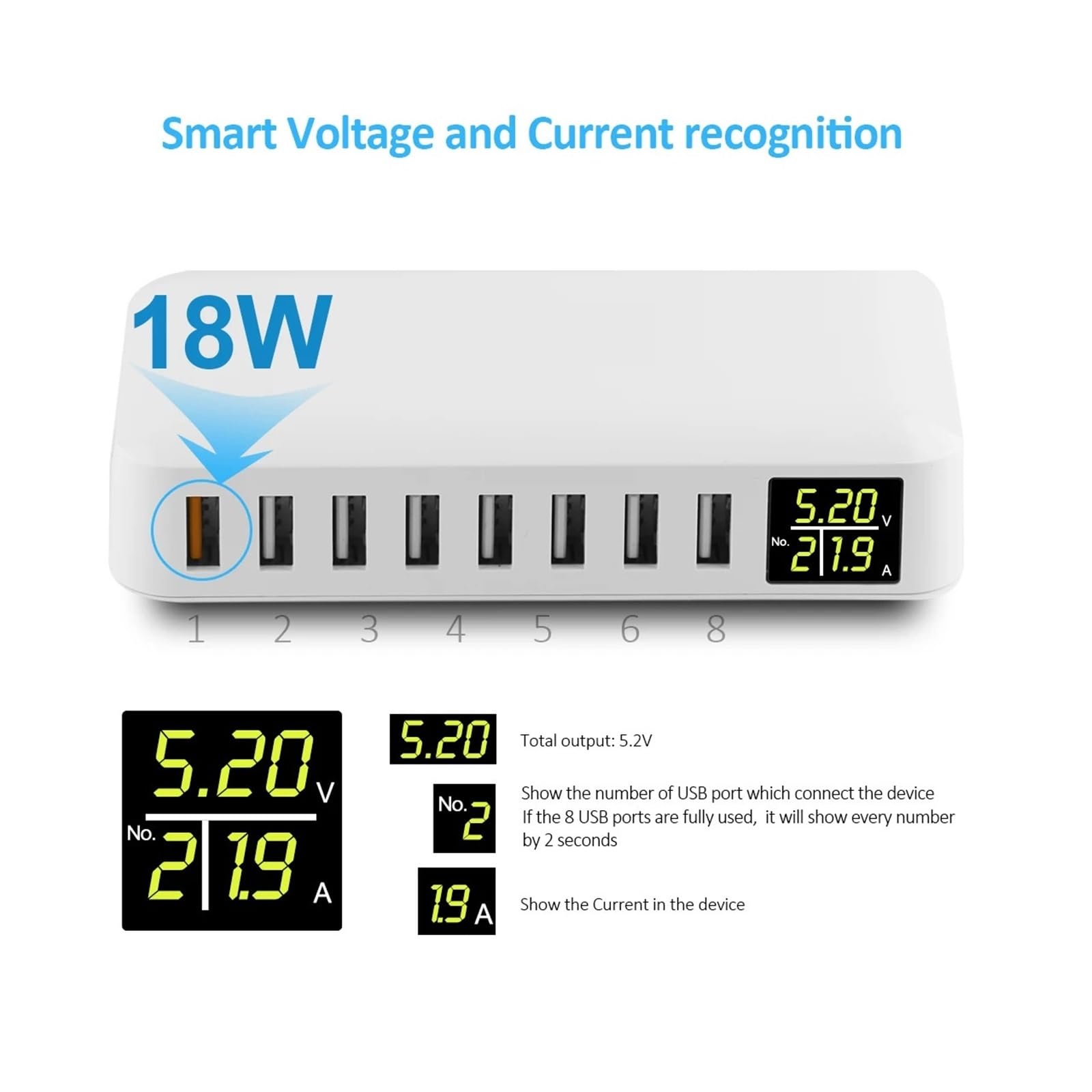 60W 8-portowa Szybka Ładowarka USB QC3.0 HUB Inteligentny Wyświetlacz LED Szybkiego Ładowania Multi Stacja Ładująca Telefon Komórkowy Pulpit Home MożLiwość Szybkiego łAdowania
