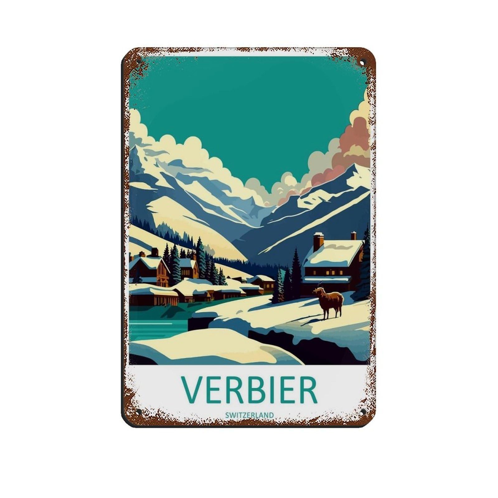 Verbier Ski Resort Ski Enthusiast Gift Retro Poster Metal Tin Sign Chic Art Retro Iron Painting Bar People Cave Cafe Family Garage Poster Wall Decoration 8x12inch(20x30cm)