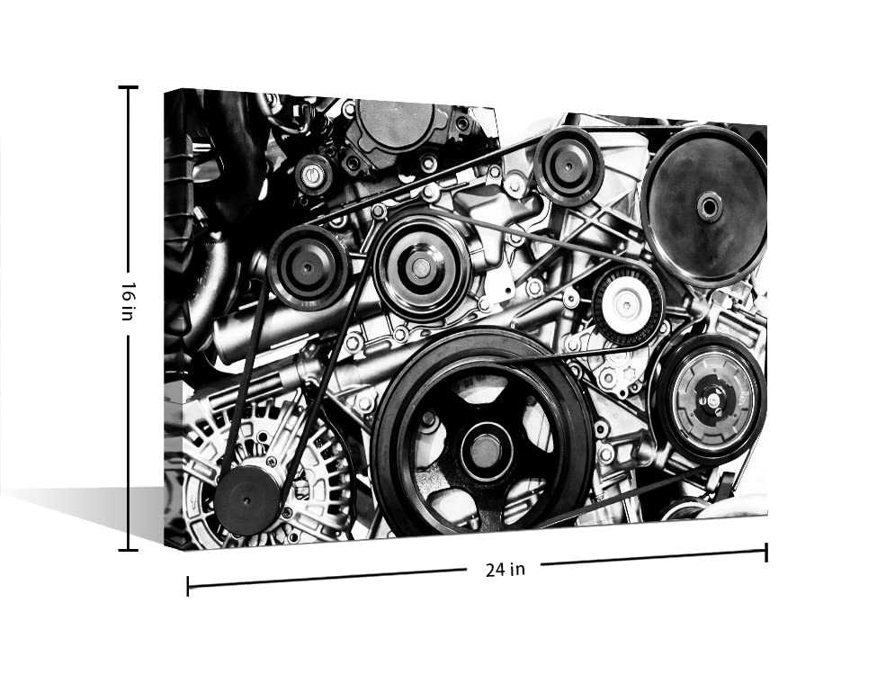 1 Piece Black and White Canvas Wall Art Car Engine Close-up Paintings for Living Room Modern Artwork Engine Pictures Giclee Home Decor Framed Ready to Hang Posters and Prints(16" Wx24 H) - Image 2