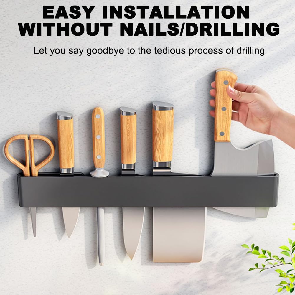 Edelstahlmagnetmesserhalter Mit Extra Starker Magnetmesserhalterstreifen, No-Punch-Einfache Installation Magnetmesserhalter Für Schwere Messer, Grau,40cm