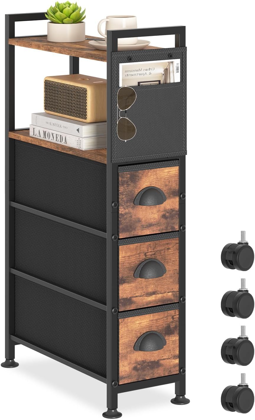 3 Drawer Narrow Dresser Side End Table Small Spaces, Slim Nightstand Bedside Sofa Table with Wheels, Space Saving Skinny Thin Couch Desk with Storage Bag for Bedroom Living Room Bathroom,Black Rustic Brown 3 Drawers