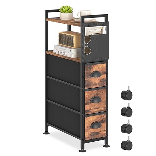 Oppro 3 Drawer Narrow Dresser Side End Table Small Spaces, Slim Nightstand Bedside Sofa Table with Wheels, Space Saving Skinny Thin Couch Desk with Storage Bag for Bedroom Living Room Bathroom,Black - Rustic Brown - 3 Drawers