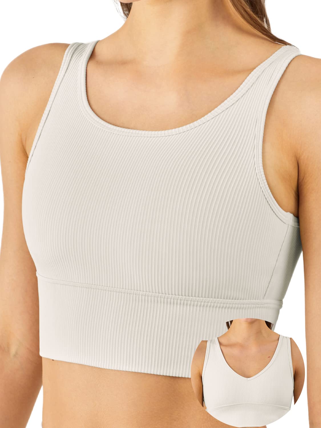 Longline Reggiseno Sportivo Canotta Reggiseno Top per le Donne Senza Soluzione di continuità Reggiseno Sportivo a Costine Top di Allenamento Imbottito Crop Top, U-white, M