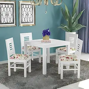 SHREE JEEN MATA ENTERPRISES - Solid Sheesham Wood Four Seater Dining Set for Dining Room, Restaurant, Hotel, Finish Color - White Finish | Cushion- Floral |