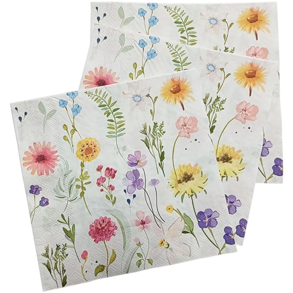 Sslvya 100 Pcs Floral Paper Napkins, Colorful Wildflower Cocktail Napkins Retro Decorative Napkin Spring Dessert Beverage Napkin for Tea Party Wedding Birthday