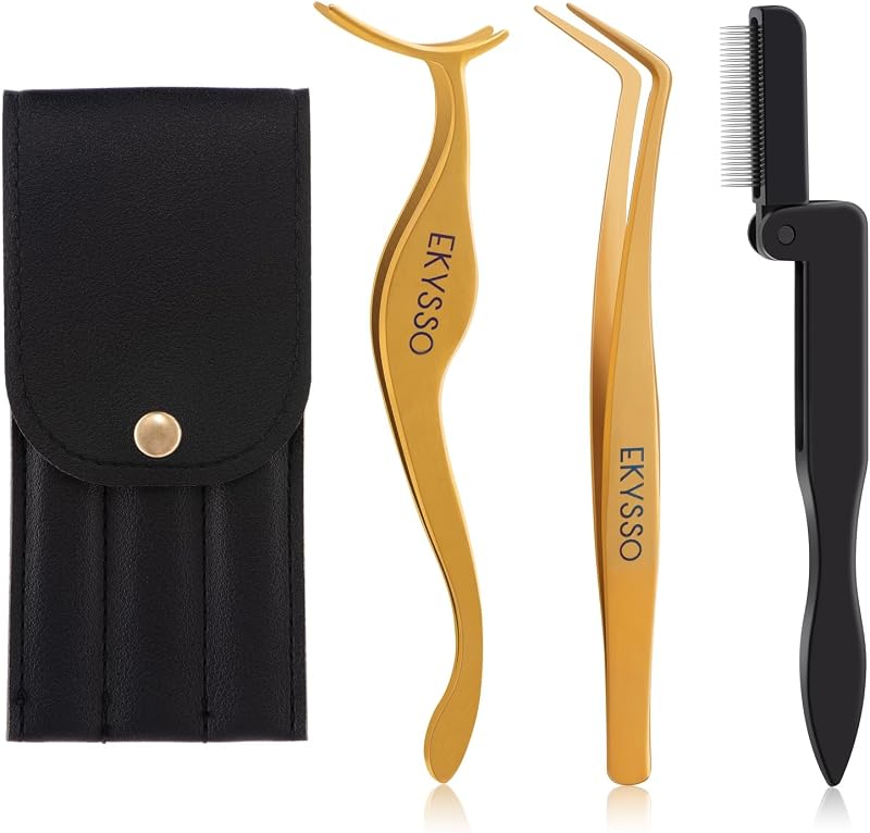 Kit de pinças aplicadoras para cílios em 3 peças ekysso – Dourado e preto