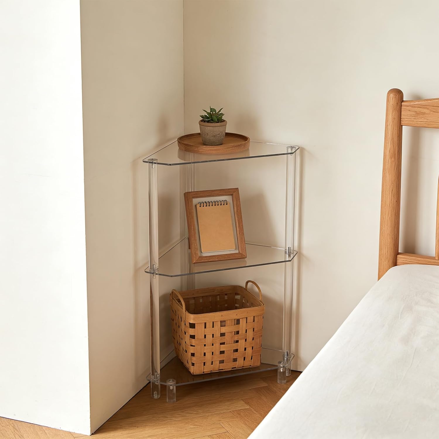 Acrylic Corner Side Table, 3 Tier Triangle Side Table, 11.8" L x 11.8" W x 26.7" H, Corner Shelf Stand End Table, Small Corner Table for Living Room, Corner Display Rack Storage Shelf (Clear)