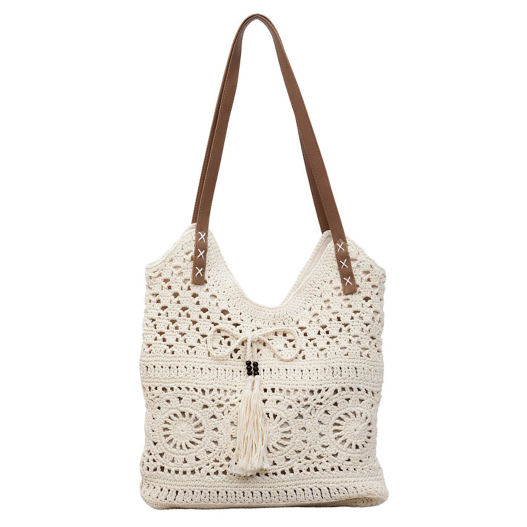 Bolso de mano de punto Bolso de mano de punto beige, nuevo de playa de ganchillo 2026, de hombro tejido de algodón de gran capacidad con borla para vacaciones de verano y uso diario,
