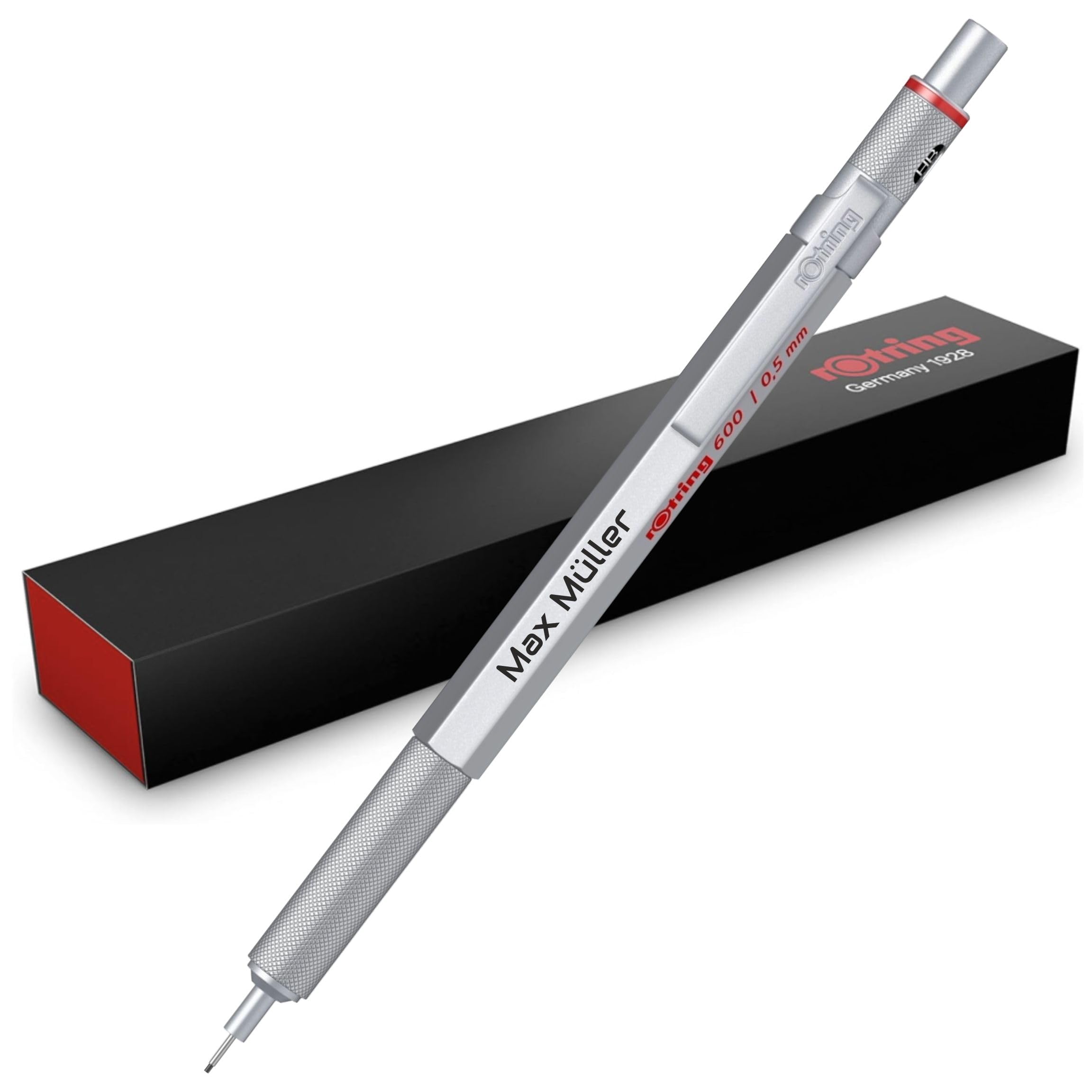 rOtring Lot de 600 porte-mines - Boîtier en métal - Avec gravure personnalisée - Porte-mine fine de qualité supérieure - Personnalisable - Idée cadeau pour homme et femme (argenté)