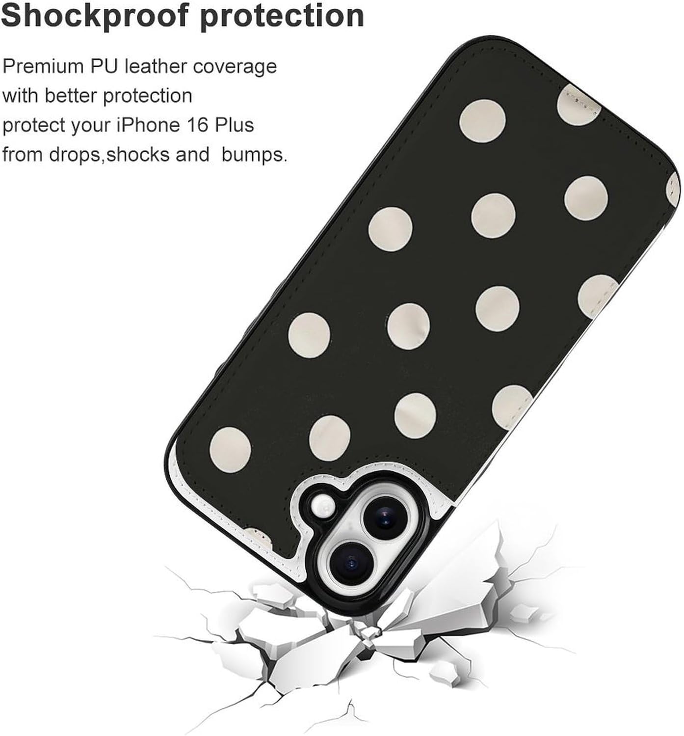 Black and White Polka Dot Print Wallet Case for iPhone 16 Plus - PU Leather Flip Shockproof Wallet Phone Cases Cover with Card Slots, Kickstand, Magnetic Clasp Closed