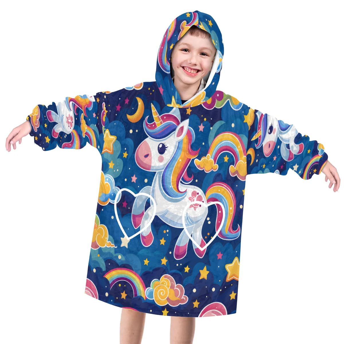 Wearable Blanket Hoodie for Kids, Rainbow Unicorn Fleece Sweatshirt Blanket Oversized Blanket Sweatshirt with Pocket Flannel Warm Hooded Blanket 6-10 Year Old Girl Boy Gift, One Size