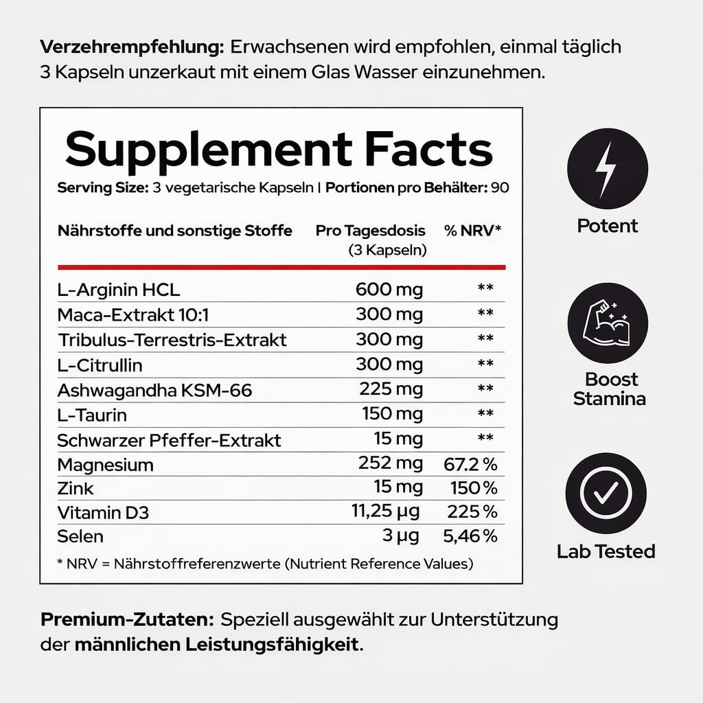 Männer 90 Kapseln mit Selen, Schwarzem Maca-Extrakt, Tribulus, KSM-66® Ashwagandha, L-Citrullin, L-Arginin, Vitamin D, Magnesium & Zink – für normales Testosteron, Energie & Muskelfunktion