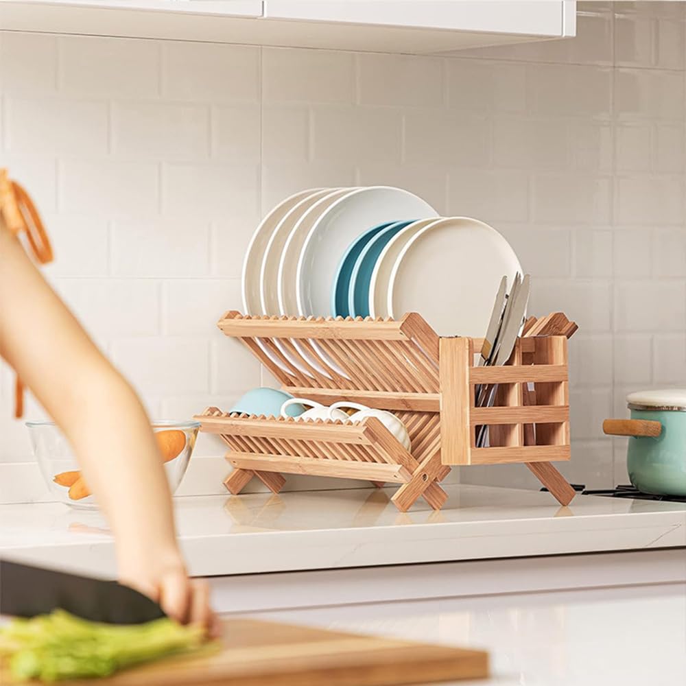 Scolapiatti in legno con porta utensili, scolapiatti in bambù a 2 livelli per bancone della cucina, scolapiatti pieghevole in legno, soluzione compatta