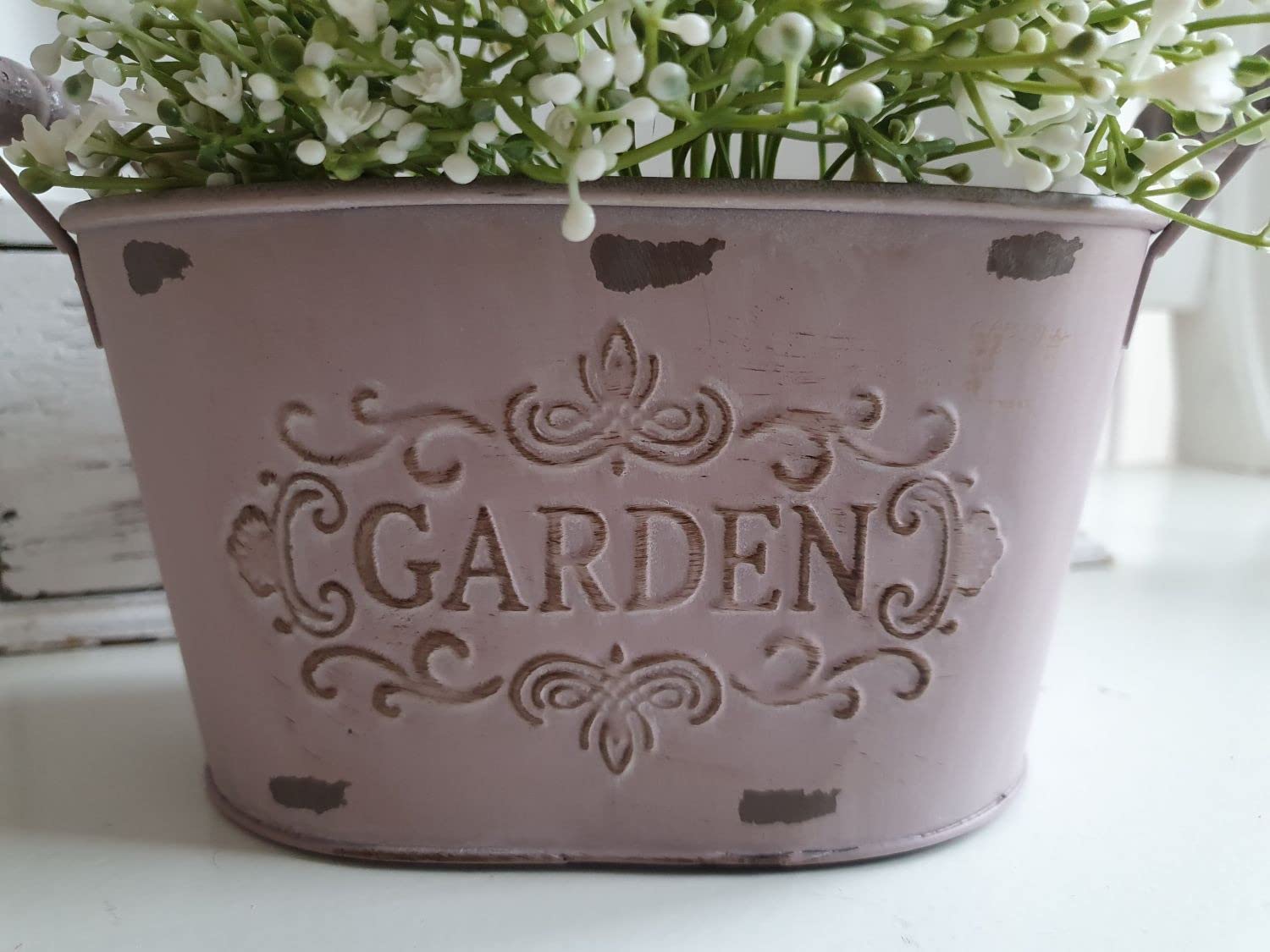 Arinosa Deko-Schale Aus Zink – Shabby Chic, Rosa, Mit Holzgriffen, 18 X 11,5 X 10 Cm, Für Innen & Geschützt Draußen