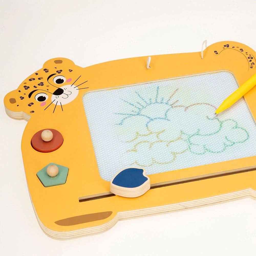 WOOMAX Tableau magnétique en Bois, Peint en 4 Couleurs différentes, avec 2 tampons, Gomme et Stylo, Motif léopard, Jouets pour Enfants de 3 Ans, Jeux éducatifs, Tableaux Noirs pour Enfants, FSC