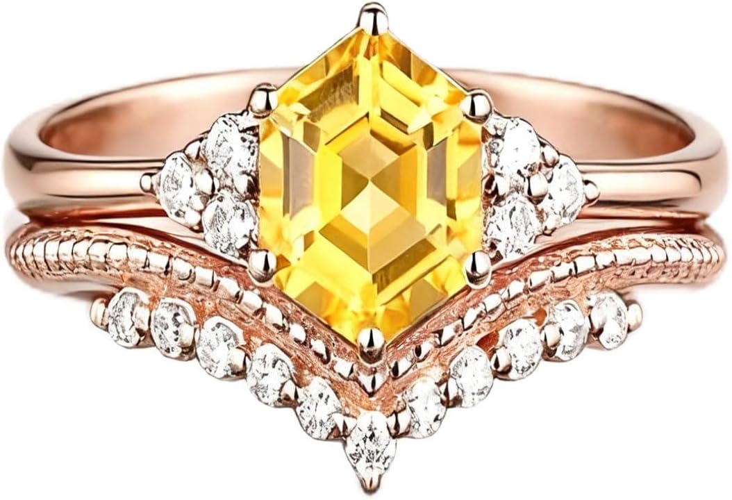 10K 14K 18K Gold Solid Natural Citrine Engagement Ring for Women Pear/Hexagon/Kite/Marquise/Oval Cut Citrine Wedding Ring Set Vintage Leaf Jewelry Gifts for Her Size 3-16