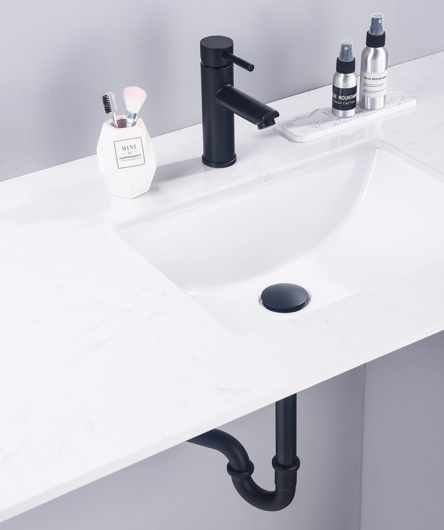SET - Siphon mit Ablaufgarnitur mit Überlauf für Waschbecken Schwarz Matt - Keymark Universal Röhrensiphon und Ablaufventil Bad - Messing Syphon Sifon Pop Up Abflussgarnitur Abfluss Waschtisch